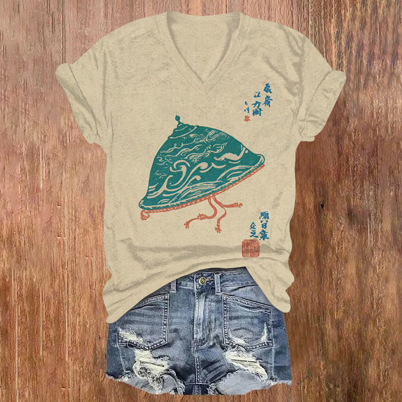 Japanese Ukiyo-e Style Illustration Print Short Sleeved V-neck T-shirt - Khaki - US32-34(5XL) - image 1