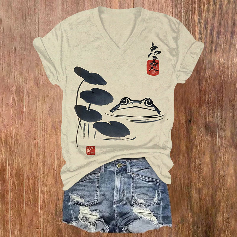 Japanese Ink Watercolor Frog & Lotus Leaf Print Short Sleeved V-neck T-shirt - Apricot - US32-34(5XL) - image 1