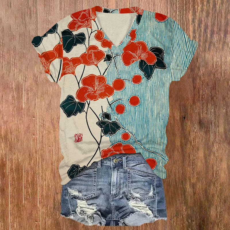 Japanese Contrasting Color Floral Art Print Short Sleeved V-neck T-shirt - Multicolor - US32-34(5XL) - image 1