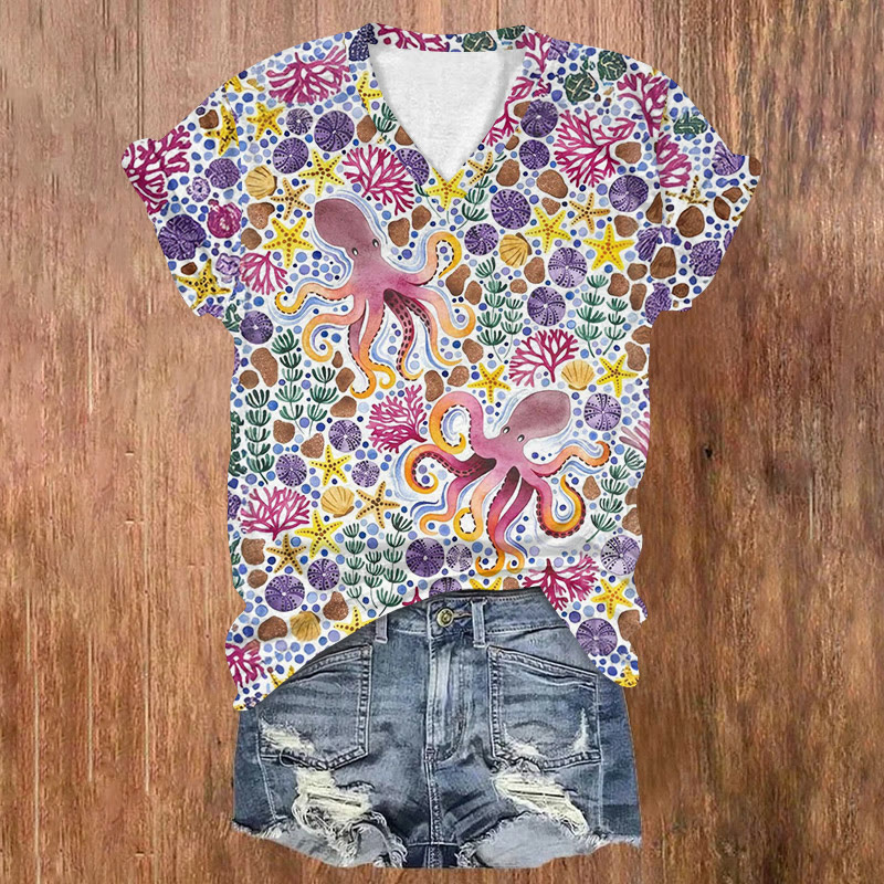 Vintage Funny Octopus & Marine Lives Art Print Short Sleeved V-neck T-shirt - Purple - US32-34(5XL) - image 1