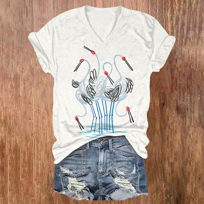 Simple Drawing Cranes Print Short Sleeved V-neck T-shirt - White - US32-34(5XL) - image 1