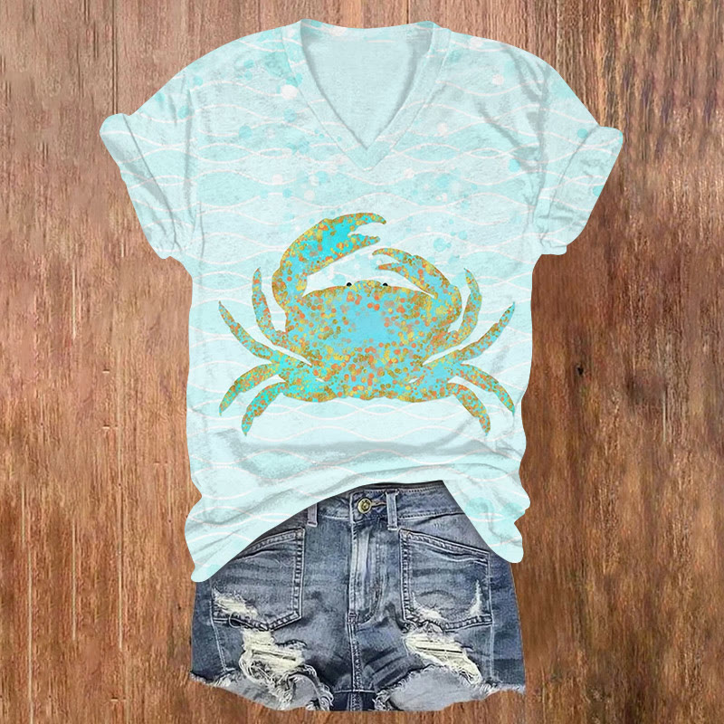 Creative Abstract Crab Art Print Short Sleeved V-neck T-shirt - Lake Blue - US32-34(5XL) - image 1