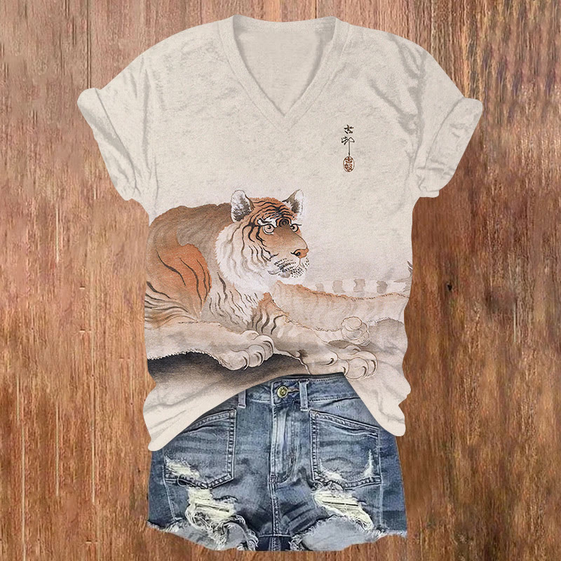 Japanese Watercolor Tiger Pattern Print Short Sleeved V-neck T-shirt - Apricot - US32-34(5XL) - image 1