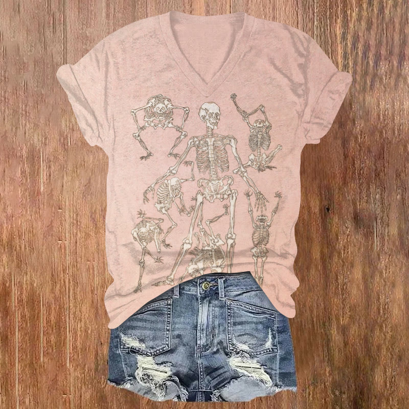 Creative Skeleton Man Pattern Print Short Sleeved V-neck T-shirt - Pink - US32-34(5XL) - image 1