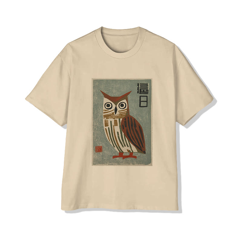 Japanese Vintage Owl Graphic Print Short Sleeved Crew Neck T-shirt - Apricot - 2XL - image 2