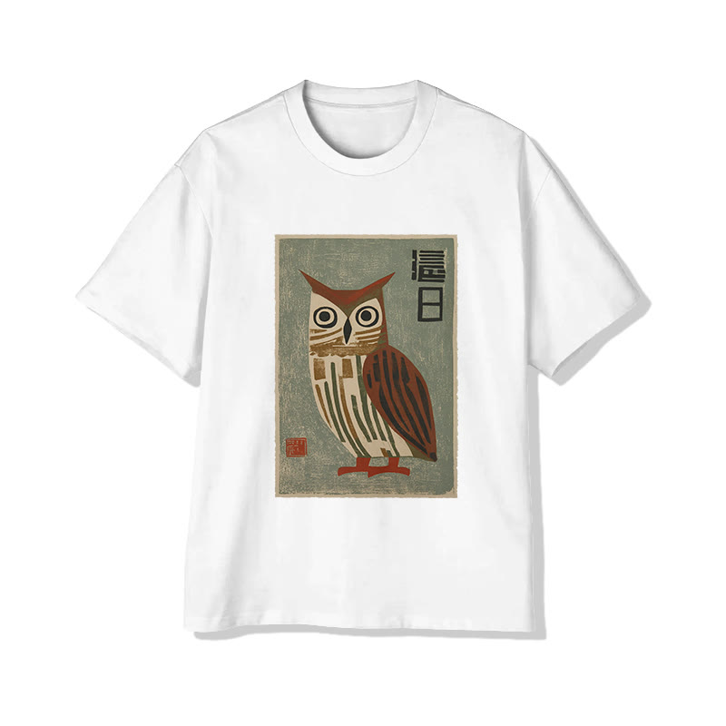Japanese Vintage Owl Graphic Print Short Sleeved Crew Neck T-shirt - White - 2XL - image 1
