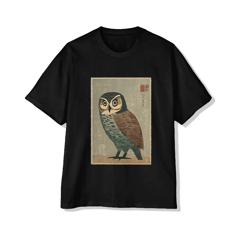 Retro Japanese Owl Art Print Short Sleeved Crew Neck T-shirt - Black - 2XL - image 2