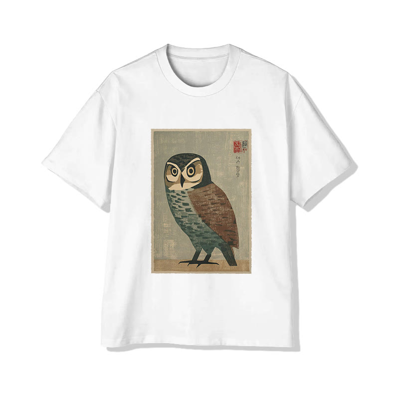 Retro Japanese Owl Art Print Short Sleeved Crew Neck T-shirt - White - 2XL - image 1