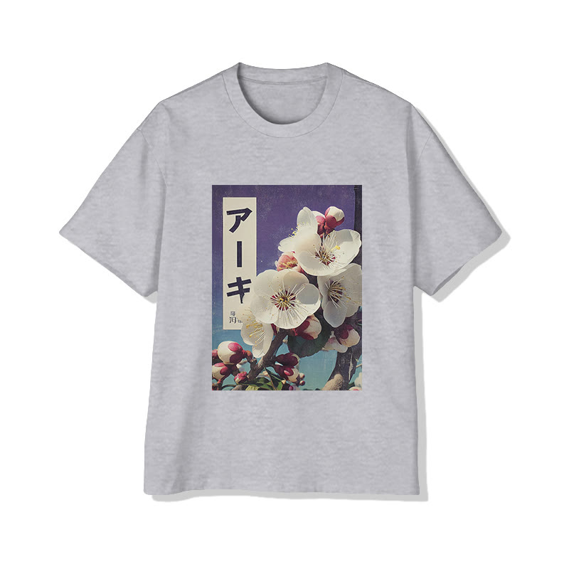 Retro Japanese Floral Art Print Short Sleeved Crew Neck T-shirt - Grey - 2XL - image 2