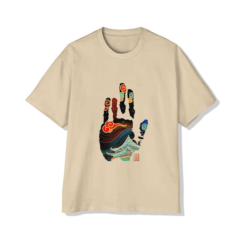 Retro Palm Print Short Sleeved Crew Neck T-shirt - Apricot - 2XL - image 3