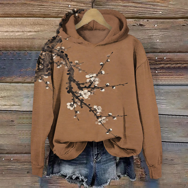 Japanese Ink Plum Blossom Art Print Long Sleeve Hoodie - Brown - US44-46(8XL) - image 1