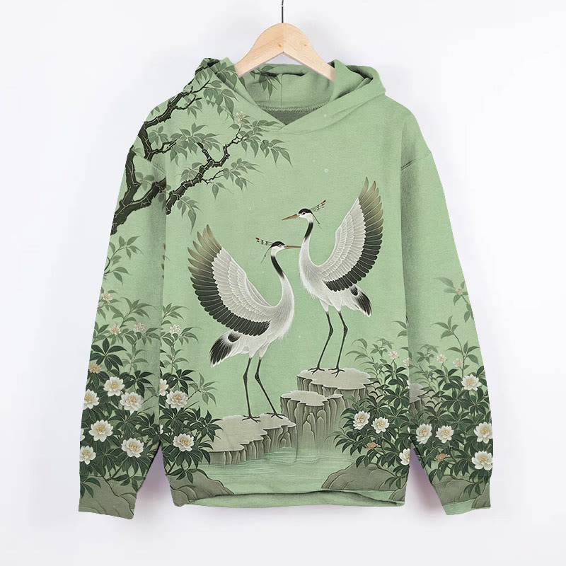 Oriental White Crane Art Print Long Sleeve Hoodie - Green - US44-46(8XL) - image 2