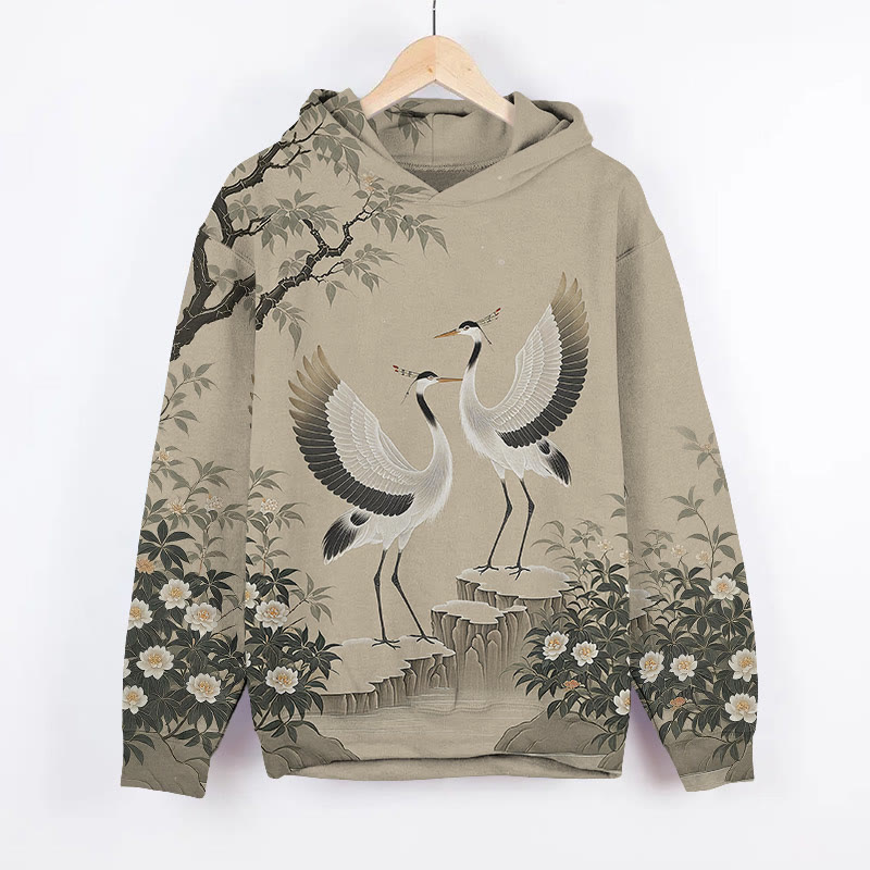 Oriental White Crane Art Print Long Sleeve Hoodie - Khaki - US44-46(8XL) - image 1