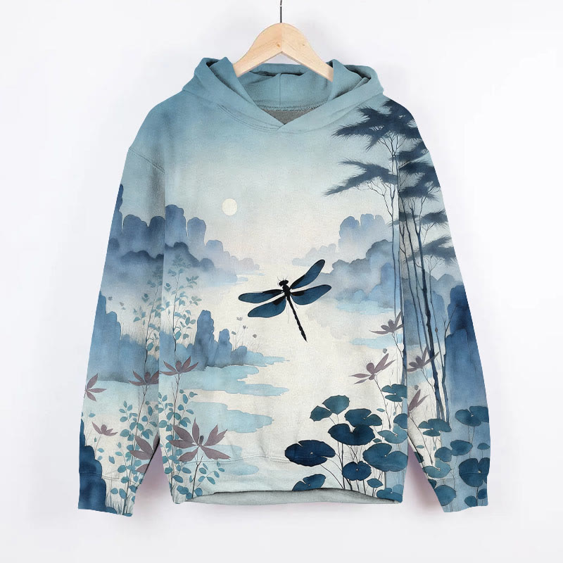 Oriental Dragonfly Ink Painting Art Print Long Sleeve Hoodie - Blue - US44-46(8XL) - image 2