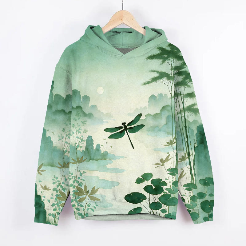 Oriental Dragonfly Ink Painting Art Print Long Sleeve Hoodie - Green - US44-46(8XL) - image 1