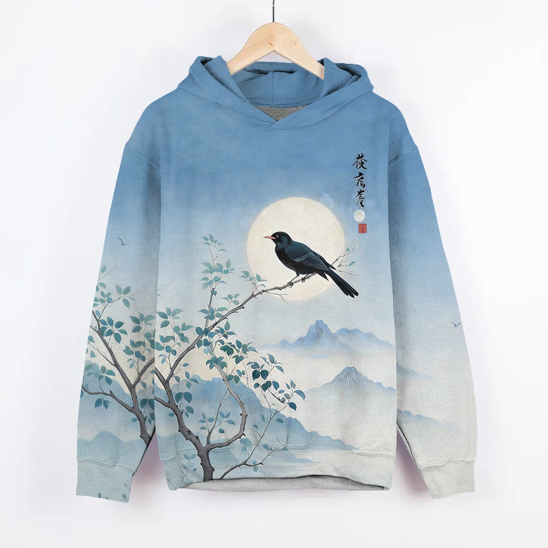 Elegant Branches And Birds Art Print Long Sleeve Hoodie - Blue - US44-46(8XL) - image 2