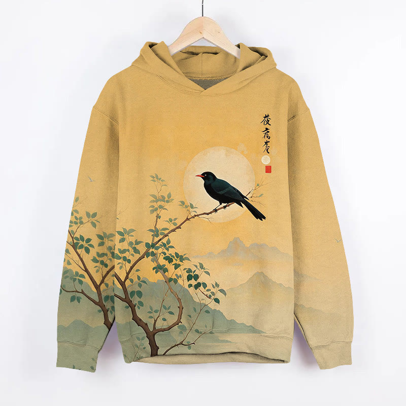 Elegant Branches And Birds Art Print Long Sleeve Hoodie - Yellow - US44-46(8XL) - image 1