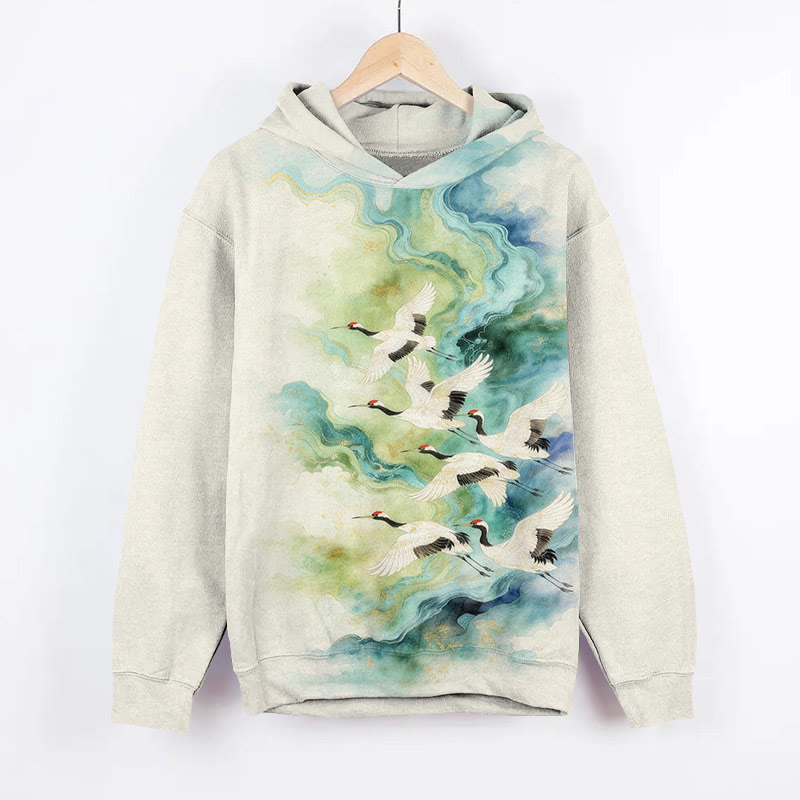 Classic Ink White Crane Art Print Long Sleeve Hoodie - Beige - US44-46(8XL) - image 2