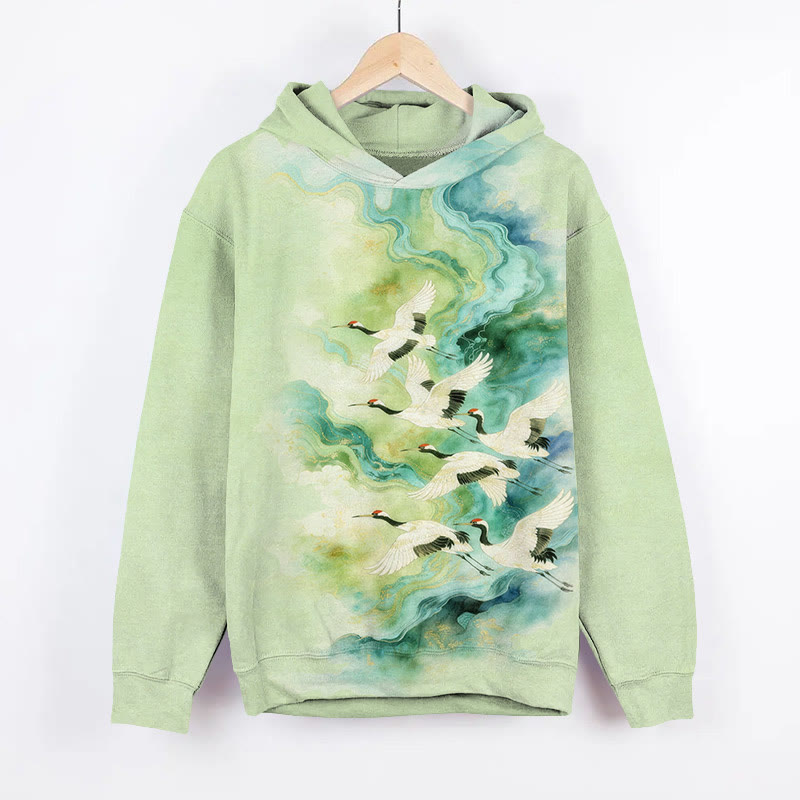 Classic Ink White Crane Art Print Long Sleeve Hoodie - Green - US44-46(8XL) - image 1