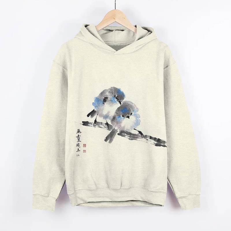 Traditional Japanese Bird On A Branch Art Print Long Sleeve Hoodie - Beige - US44-46(8XL) - image 1