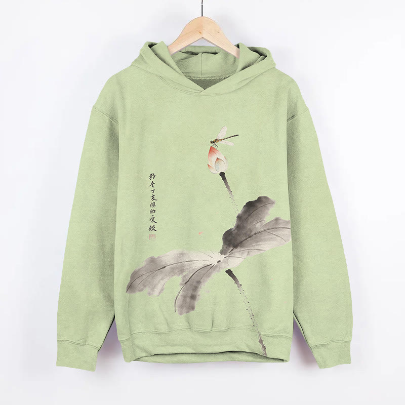 Oriental Lotus flower Ink Painting Art Print Long Sleeve Hoodie - Green - US44-46(8XL) - image 2