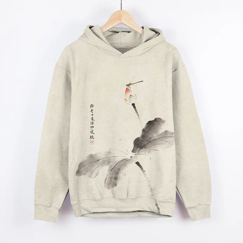 Oriental Lotus flower Ink Painting Art Print Long Sleeve Hoodie - Apricot - US44-46(8XL) - image 1
