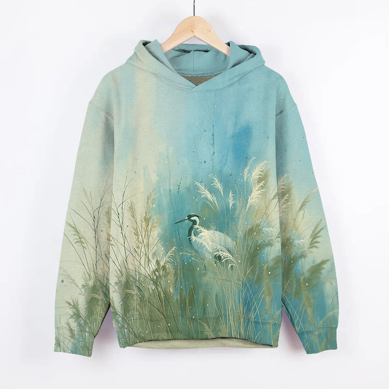 Oriental Reeds And Cranes Art Print Long Sleeve Hoodie - Green - US44-46(8XL) - image 2