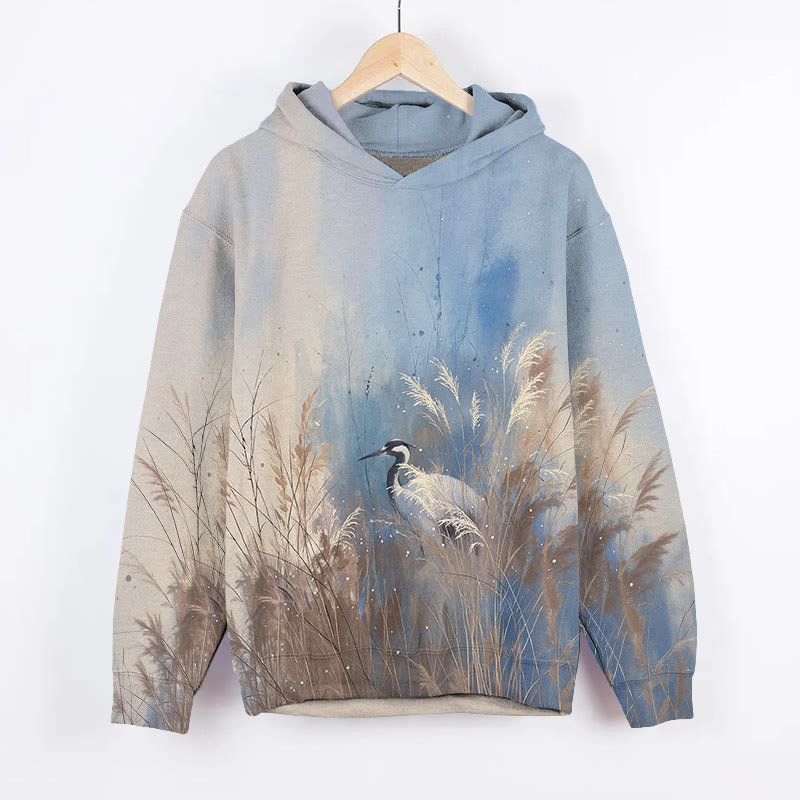 Oriental Reeds And Cranes Art Print Long Sleeve Hoodie - Blue - US44-46(8XL) - image 1