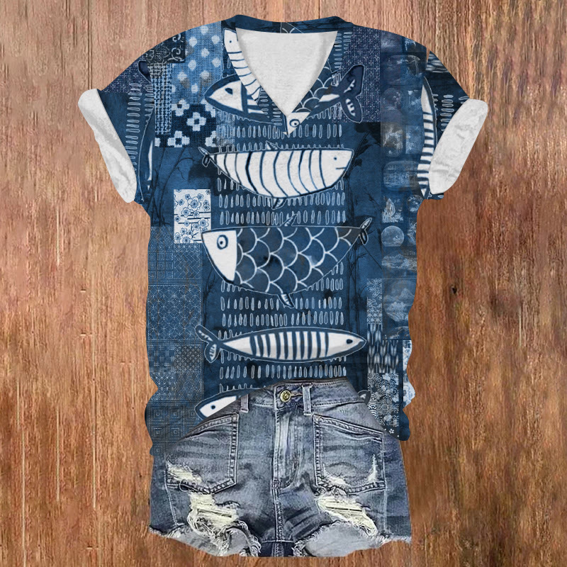 Japanese Vintage Fish Woodblock Print Patchwork Pattern Print Short Sleeved V-neck T-shirt - Dark Blue - US32-34(5XL) - image 1