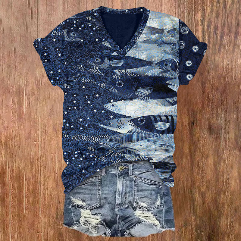 Japanese Vintage Fish Woodblock Print Pattern Print Short Sleeved V-neck T-shirt - Dark Blue - US32-34(5XL) - image 1