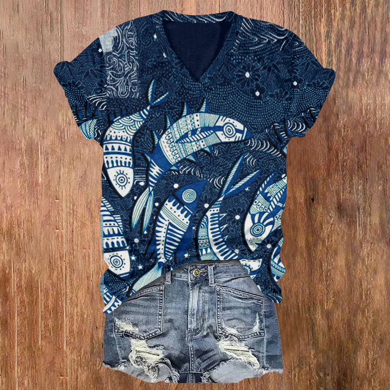 Japanese Vintage Fish Woodblock Print Art Short Sleeved V-neck T-shirt - Dark Blue - US32-34(5XL) - image 1