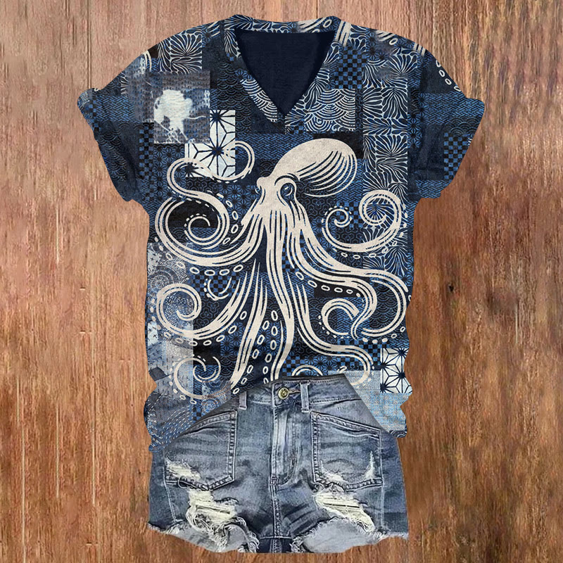 Japanese Vintage Octopus Woodblock Print Art Short Sleeved V-neck T-shirt - Dark Blue - US32-34(5XL) - image 1