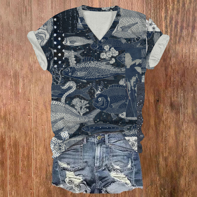Japanese Vintage Marine Fish World Woodblock Print Art Short Sleeved V-neck T-shirt - Dark Blue - US32-34(5XL) - image 1