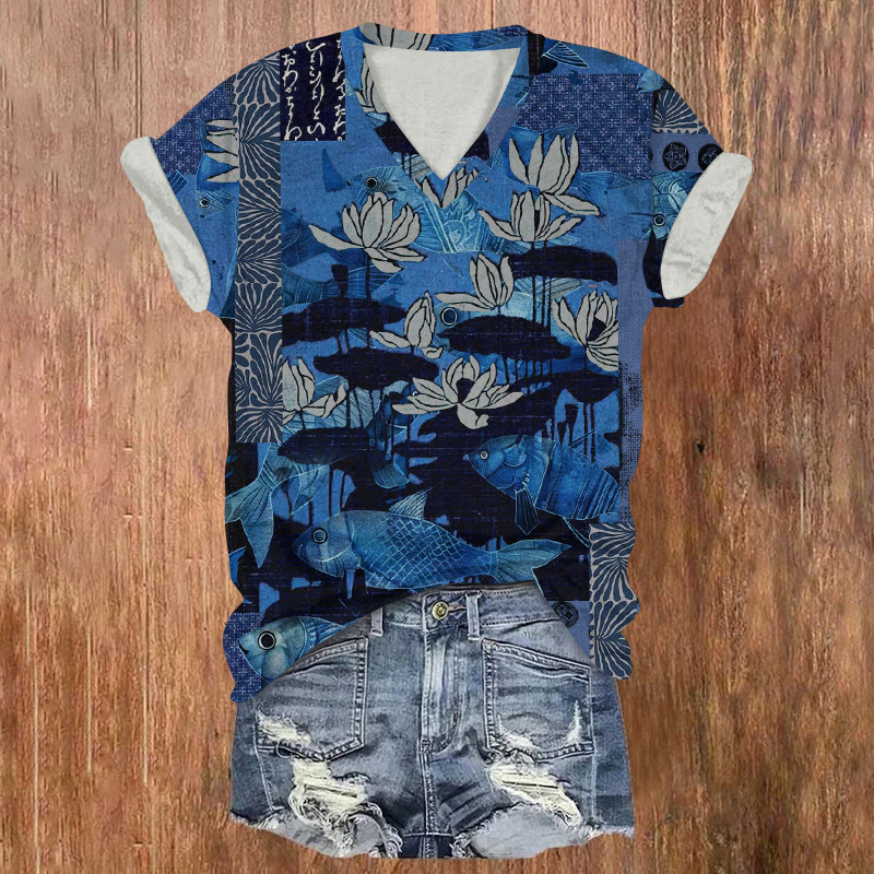 Japanese Vintage Lotus Woodblock Print Art Short Sleeved V-neck T-shirt - Dark Blue - US32-34(5XL) - image 1