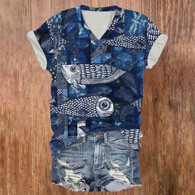 Japanese Fish Woodblock Print Patchwork Print Art Short Sleeved V-neck T-shirt - Dark Blue - US32-34(5XL) - image 1