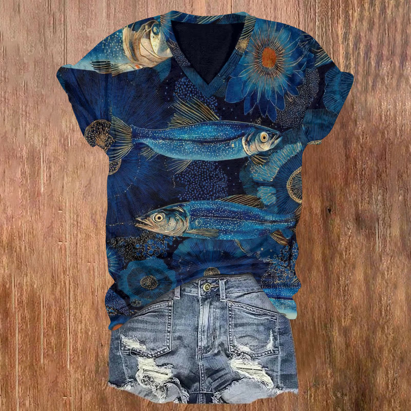 Japanese Vintage Fish And Floral Print Patchwork Print Art Short Sleeved V-neck T-shirt - Dark Blue - US32-34(5XL) - image 1