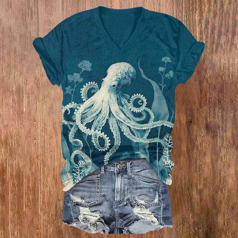 Japanese Marine Octopus Plant Art Print Patchwork Print Art Short Sleeved V-neck T-shirt - Blue - US32-34(5XL) - image 1