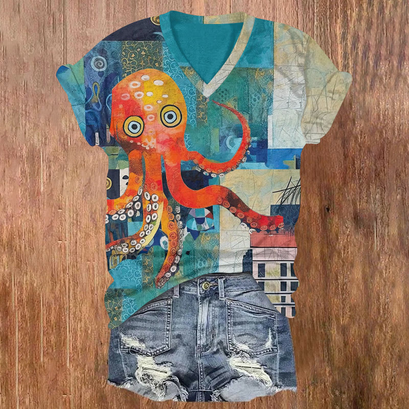 Japanese Cute Octopus Print Patchwork Print Art Short Sleeved V-neck T-shirt - Lake Blue - US32-34(5XL) - image 1