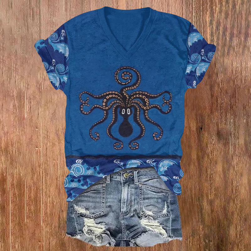 Japanese Inverted Octopus  Print Art Short Sleeved V-neck T-shirt - Dark Blue - US32-34(5XL) - image 1