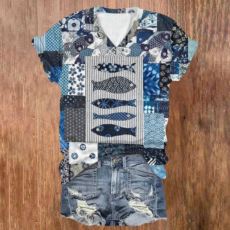 Japanese Fish And Flower Patchwork Print Art Short Sleeved V-neck T-shirt - Dark Blue - US32-34(5XL) - image 1