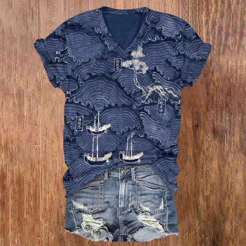 Japanese Vintage Pine Tree Sailboat Ocean Pattern Print Short Sleeved V-neck T-shirt - Dark Blue - US32-34(5XL) - image 1