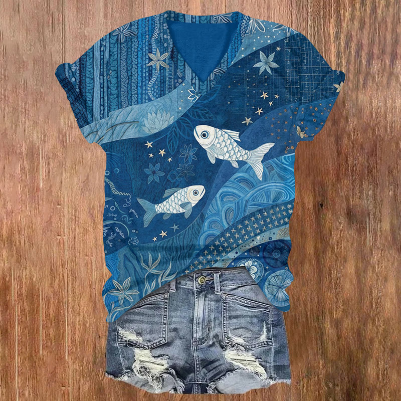 Japanese Geometric Fish Patchwork Art Pattern Print Short Sleeved V-neck T-shirt - Dark Blue - US32-34(5XL) - image 1