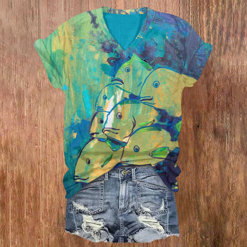 Ocean Fun Fish Abstract Painting Art Pattern Print Short Sleeved V-neck T-shirt - Dark Blue - US32-34(5XL) - image 1