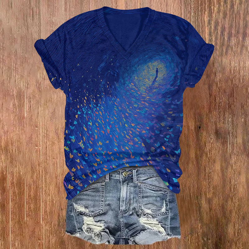 Ocean Enters The Heart Of The Ocean Art Pattern Print Short Sleeved V-neck T-shirt - Dark Blue - US32-34(5XL) - image 1