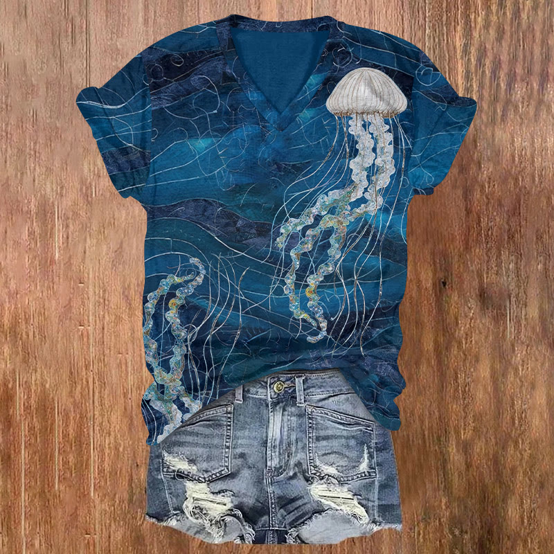 Marine Jellyfish Art Pattern Print Short Sleeved V-neck T-shirt - Dark Blue - US32-34(5XL) - image 1