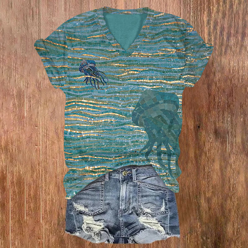 Ocean Mosaic Jellyfish Art Pattern Print Short Sleeved V-neck T-shirt - Light Green - US32-34(5XL) - image 1