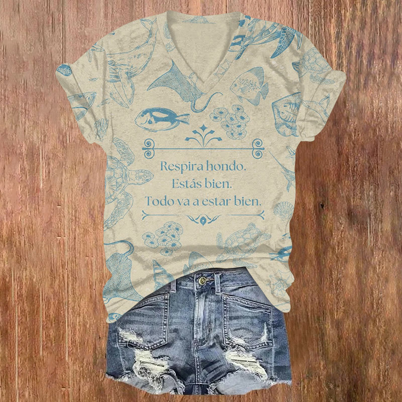 Ocean Healing Deep Sea World Art Pattern Print Short Sleeved V-neck T-shirt - Apricot - US32-34(5XL) - image 2