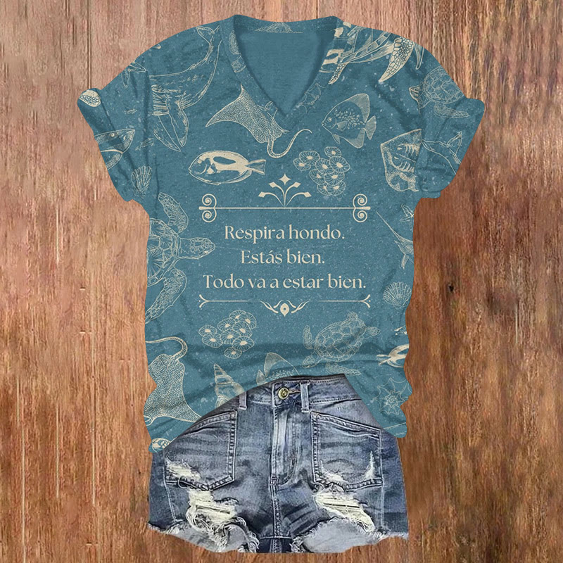 Ocean Healing Deep Sea World Art Pattern Print Short Sleeved V-neck T-shirt - Blue - US32-34(5XL) - image 1