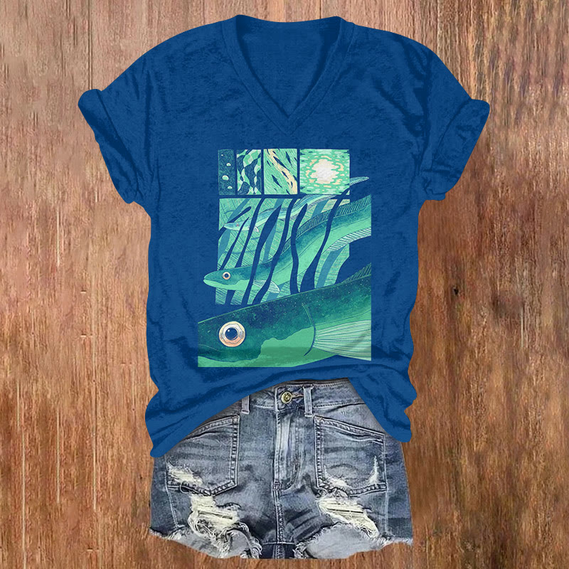 Ocean World Fish And Seaweed Art Pattern Print Short Sleeved V-neck T-shirt - Blue - US32-34(5XL) - image 1