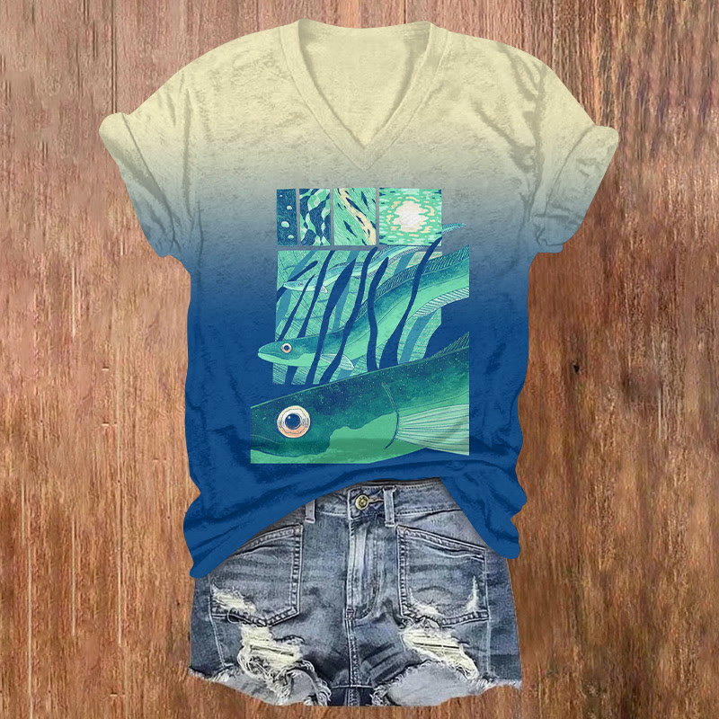 Ocean World Fish And Seaweed Art Pattern Print Short Sleeved V-neck T-shirt - Yellow - US32-34(5XL) - image 2